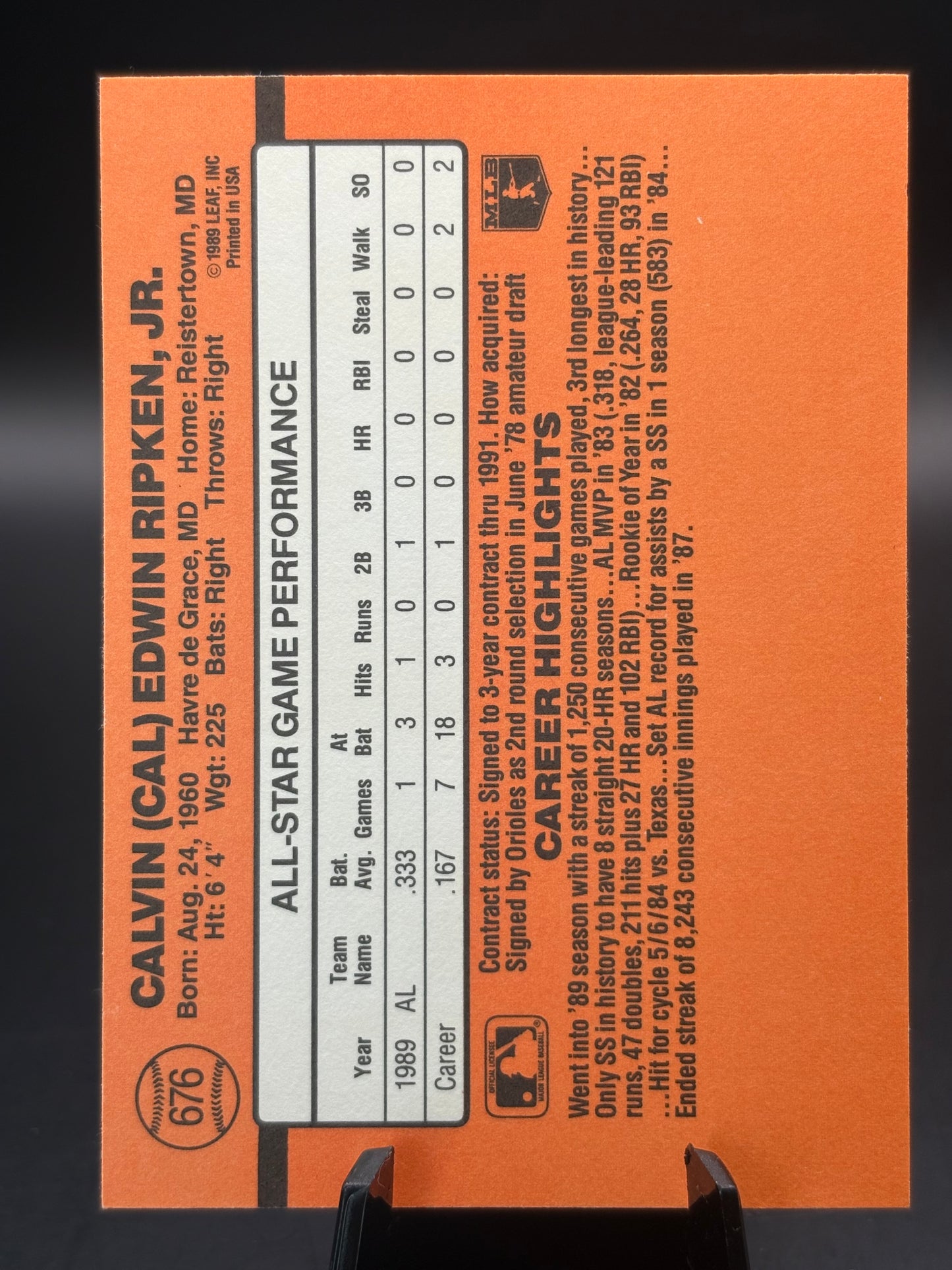 1990 Donruss #676 Cal Ripken All Star (No Dot After Inc Error)