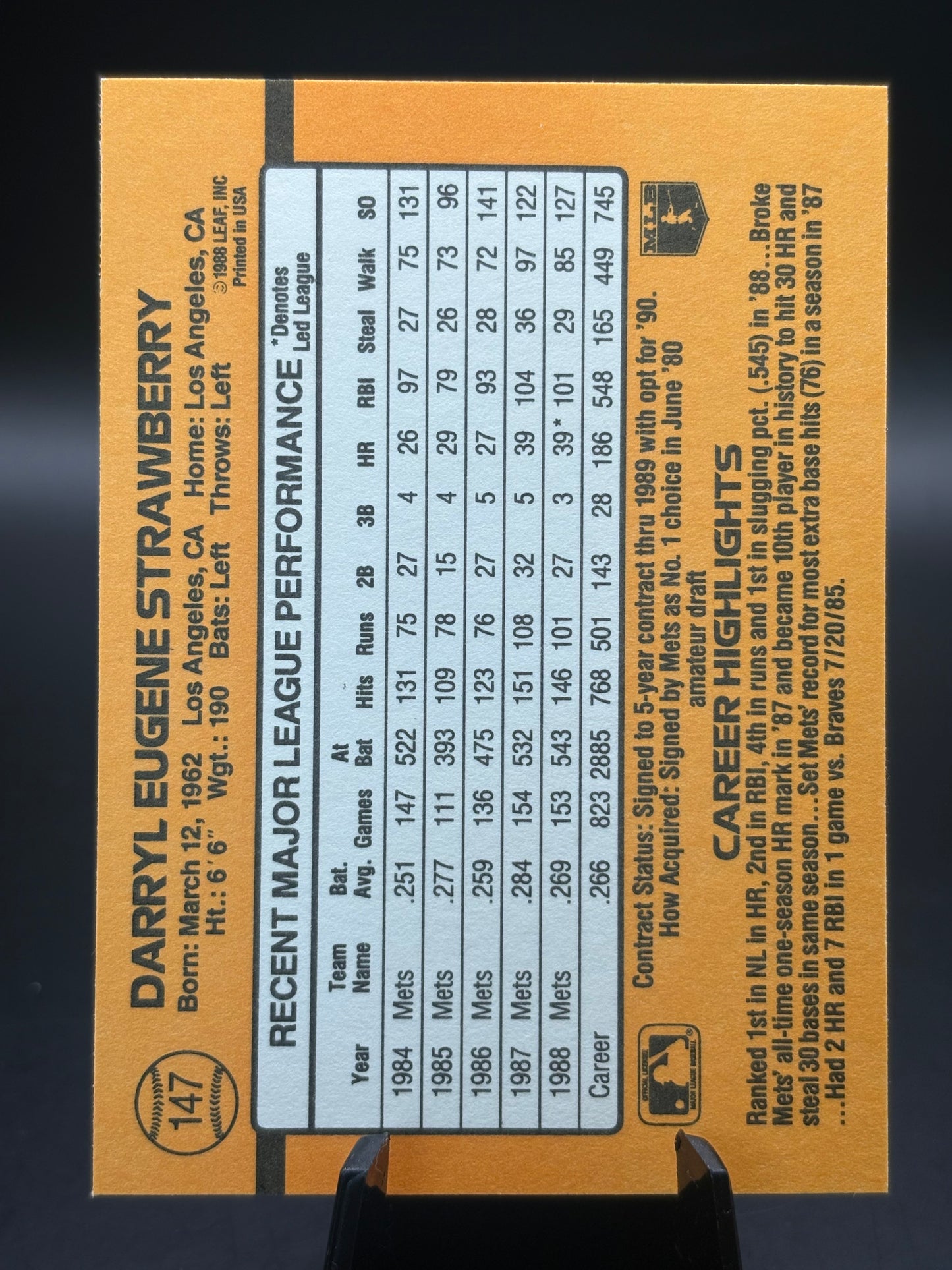1989 Donruss #147 Darryl Strawberry (No Dot After Inc Error)