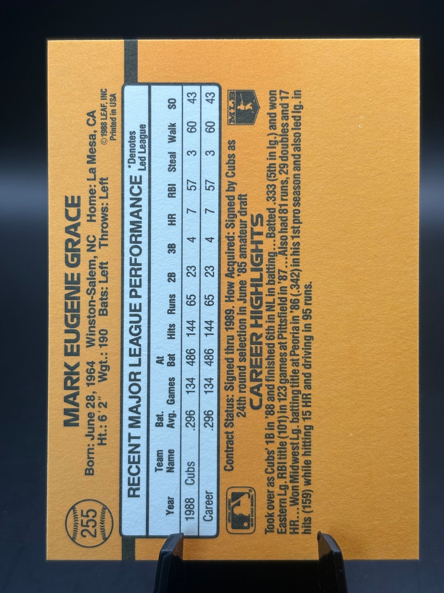1990 Donruss #255 Mark Grace (No Dot After Inc Error)