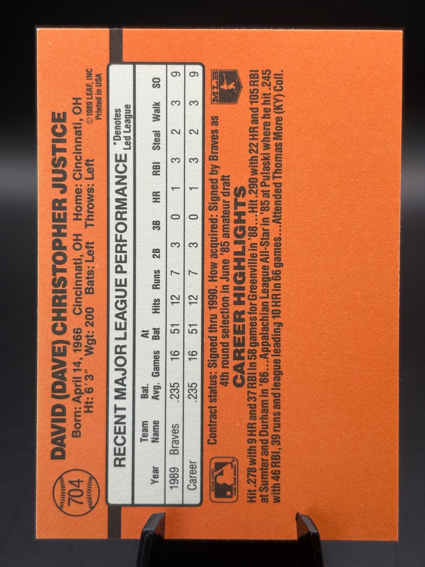 1990 Donruss #704 David Justice (No Do After Inc Error)
